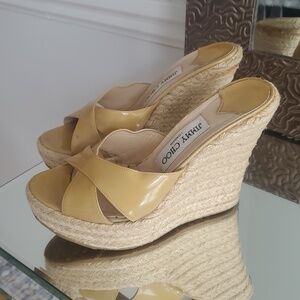 Jimmy Choo Dull Yellow Patent Leather Braided Jute Espadrille Wedge Sandals